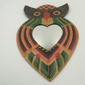 Wooden Owl Wall Mirror Wall Decor Boho Hipster Hand Painted 15"